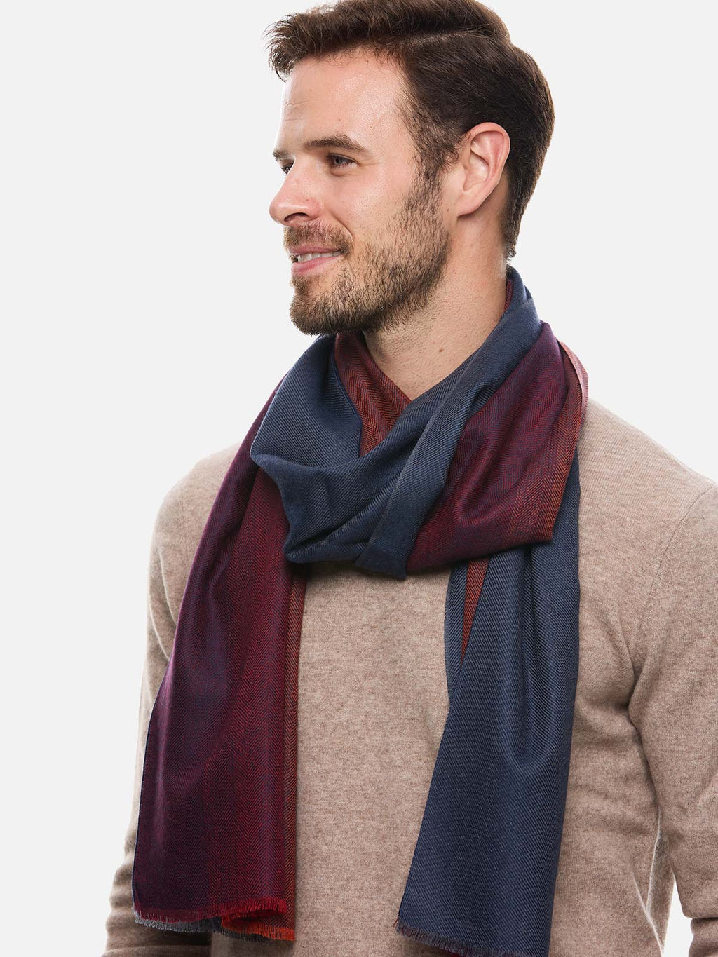 Blue Burgundy Herringbone Mens Cashmere Scarf
