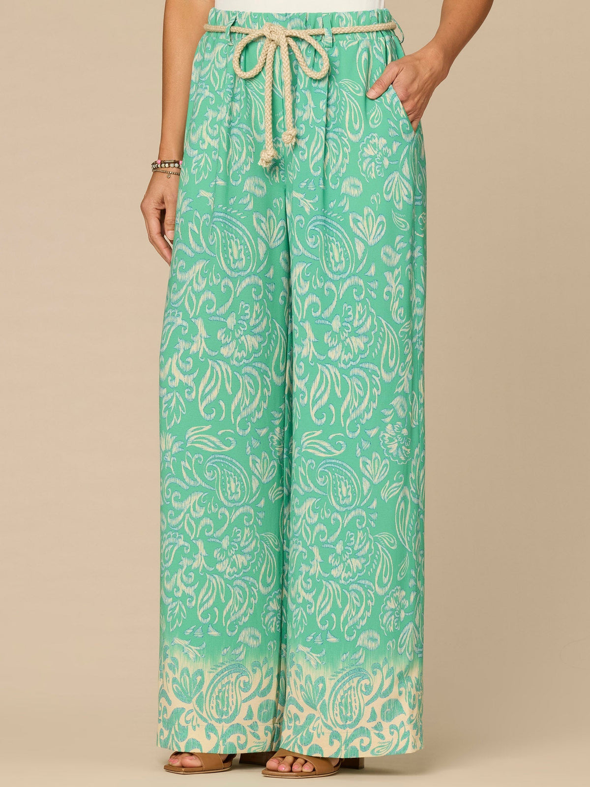"Ab"leisure Skyrise Rope Belt Spade Pocket Printed Wide Leg Pants