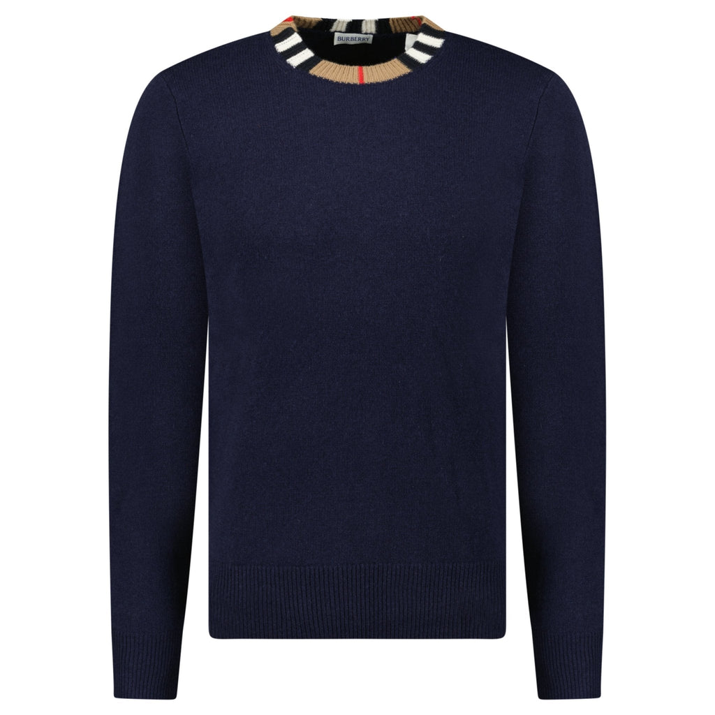 Burberry 'Noland' Knitted Wool/ Cashmere Jumper Check Neck Navy