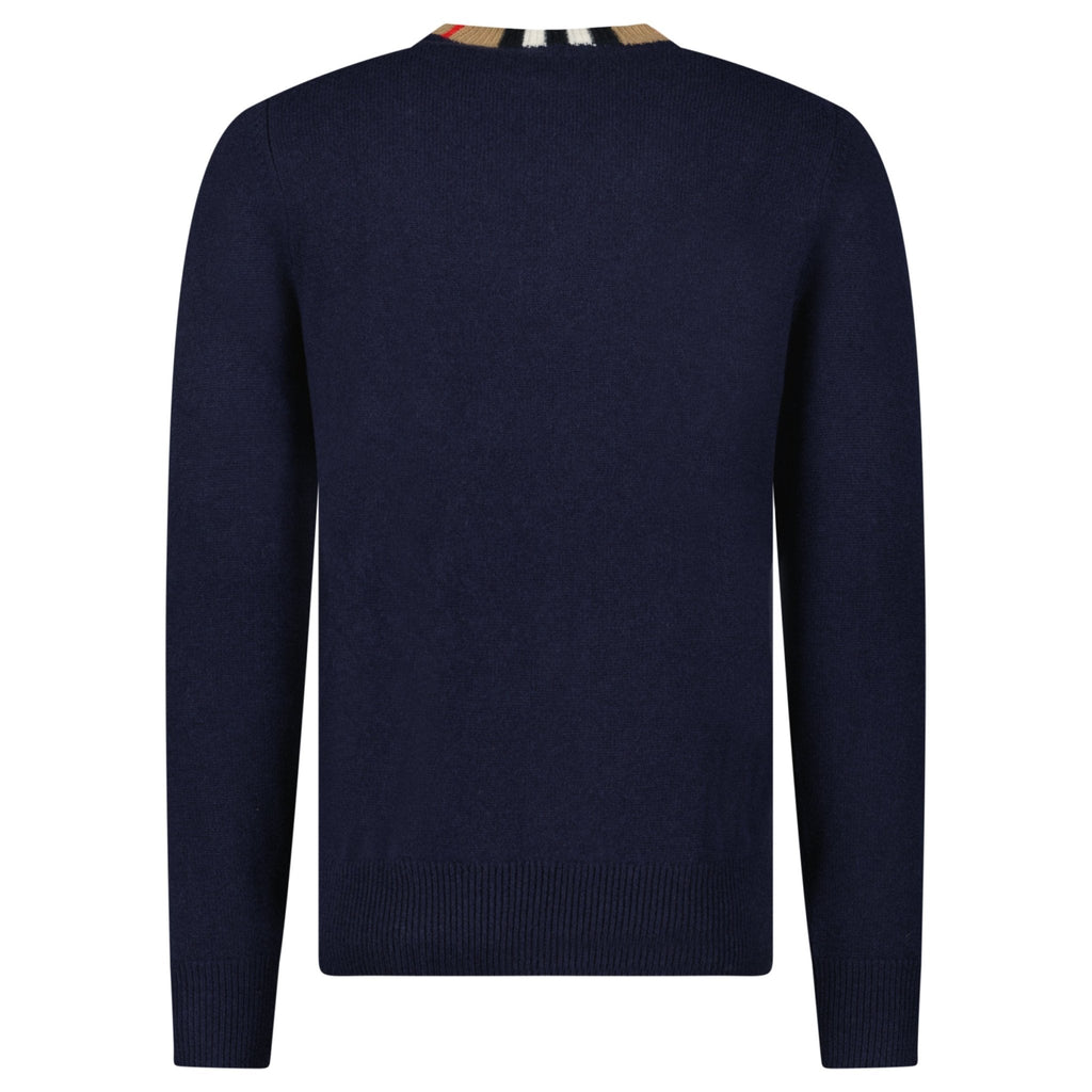 Burberry 'Noland' Knitted Wool/ Cashmere Jumper Check Neck Navy